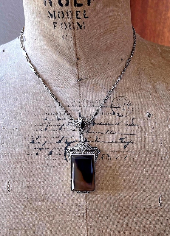 1930s Germany Art Deco Sterling Silver Dendritic Agate Marcasite Onyx accented hallmarked Lavaliere Necklace