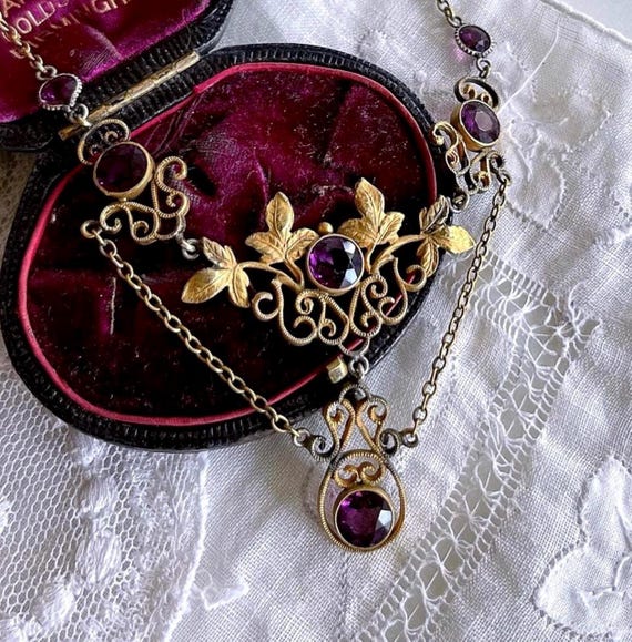 1940s Victorian Revival 12K Gold Filled Festoon Necklace, Amethyst Paste Stones