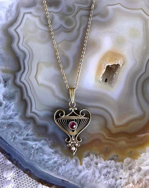 Fine Victorian 10K Gold Filigree genuine Ruby and Seed Pearl accented hallmarked Pendant Necklace