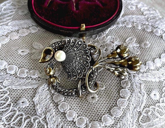 Romantic Art Deco Revival Vintage Co. Sterling Silver vermeil genuine Cultured Pearl faceted Marcasite accented Statement Brooch