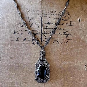 Vintage Judith Jack Art Deco Sterling Silver genuine Onyx gemstone brilliant faceted Marcasite accented beautiful stamped Lavaliere Necklace