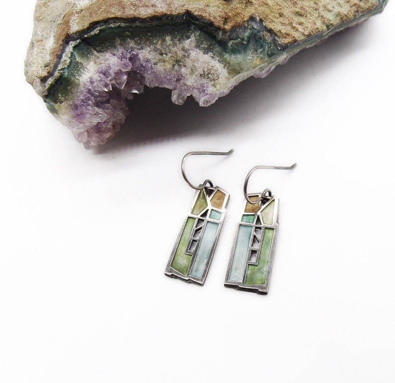 Artisan Carly Wright vintage Modernist Champleve Enamel Sterling Silver Church Window signed dangle earrings
