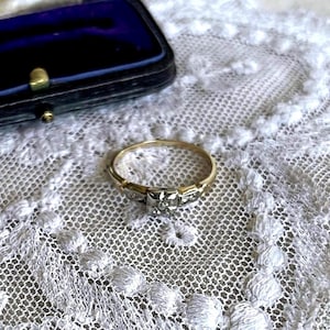 JB Victorian Aesthetic 10K White and Yellow Gold genuine faceted Diamond elegant hallmarked size 6.2 Engagement Ring