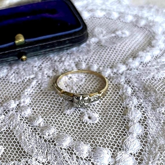 JB Victorian Aesthetic 10K White and Yellow Gold genuine faceted Diamond elegant hallmarked size 6.2 Engagement Ring