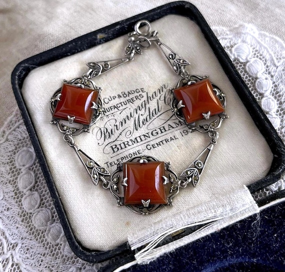 Vintage 1930s Art Deco Carnelian Sterling Silver Marcasite Bracelet