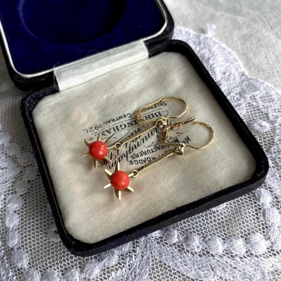 Unique vintage 12K Yellow Gold bright Coral Faceted Spinel accented beautiful Starburst lever back Drop Earrings