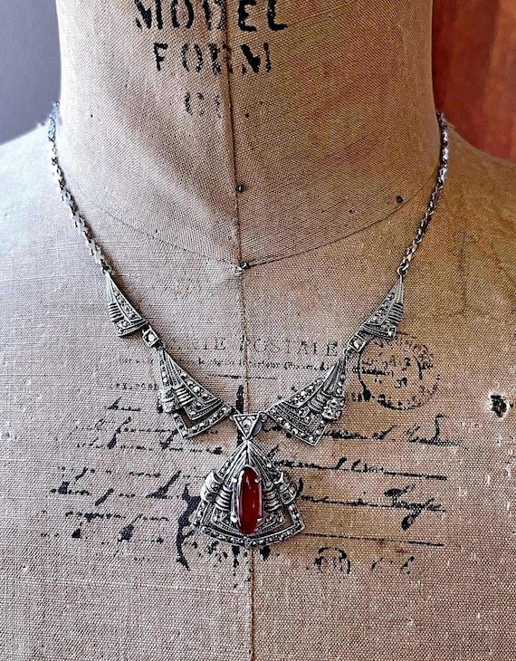 Fine vintage Art Deco Sterling Silver Carnelian Chalcedony faceted Marcasite accented hallmarked Lavaliere Necklace