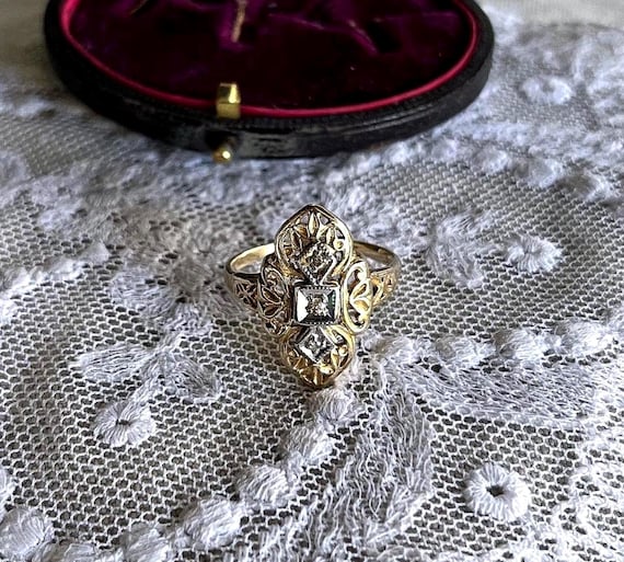 Vintage Edwardian Revival 10K Yellow Gold Filigree Diamond Ring, Size 7.5