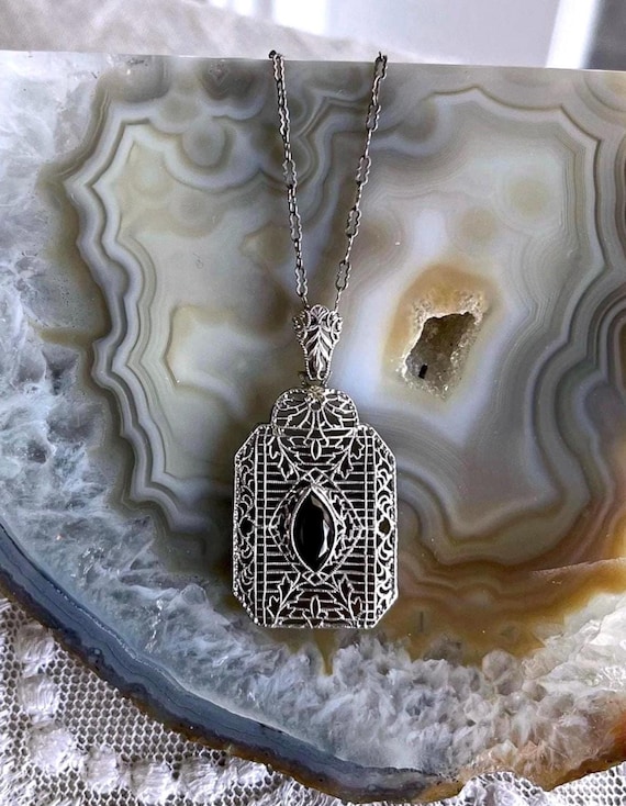 Antique Edwardian Sterling Silver Filigree Amethyst Paste Stone Pendant Necklace