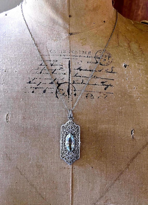 Antique Edwardian Rhodium Plated Filigree Lavaliere Necklace, Marquee Cut Paste Stone