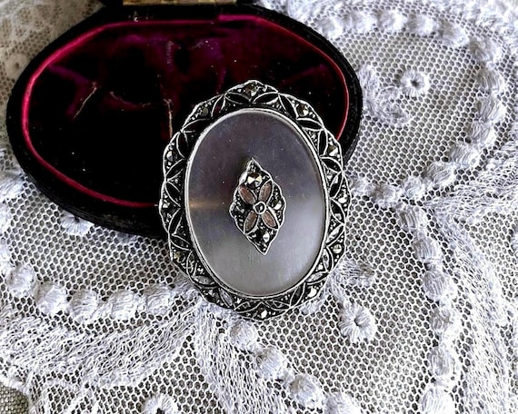 1930s Art Deco Sterling Silver Quartz Camphor Glass faceted Marcasite accented hallmarked Statement Brooch