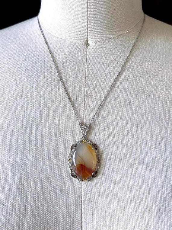 Vintage 1930s Art Deco Sterling Silver Gold rolled accents genuine luminous Agate gemstone lovely hallmark Lavaliere Necklace