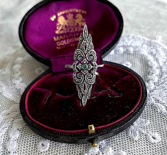 1920s Art Deco Sterling Silver Chrysoprase Marcasite Cocktail Ring