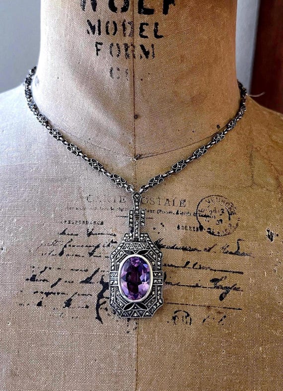Stately vintage Art Deco Revival Sterling Silver brilliant faceted Amethyst faceted Marcasite accented hallmarked Lavaliere Necklace