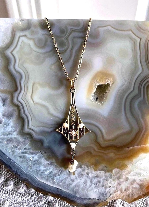 Antique 10K Gold Seed Pearl Pendant Necklace - Edwardian SM&S