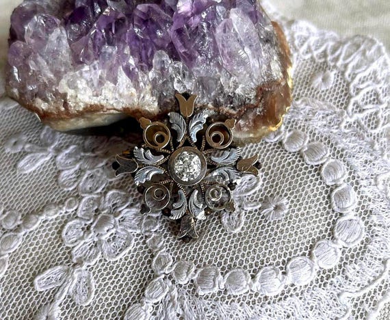 Victorian Sterling Silver Gold Filled Brooch: Rose Cut Diamond Paste Stone