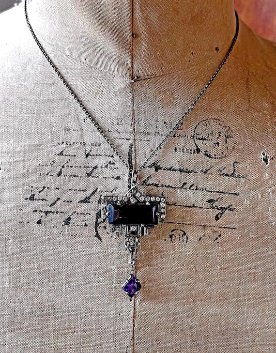 Art Deco Sterling Silver Amethyst Pendant Necklace: H&H Antique Paste Stone