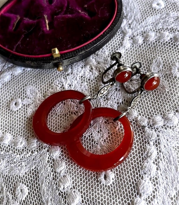 Fabulous antique Art Deco 1920s Sterling Silver luminous Red Czech Glass ring faceted Marcasite accented hallmarked Screw Back Drop Earrings