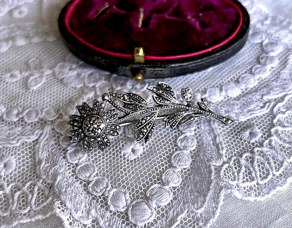 Vintage Germany Art Deco Sterling Silver faceted Marcasite accented Floral Motif Brooch