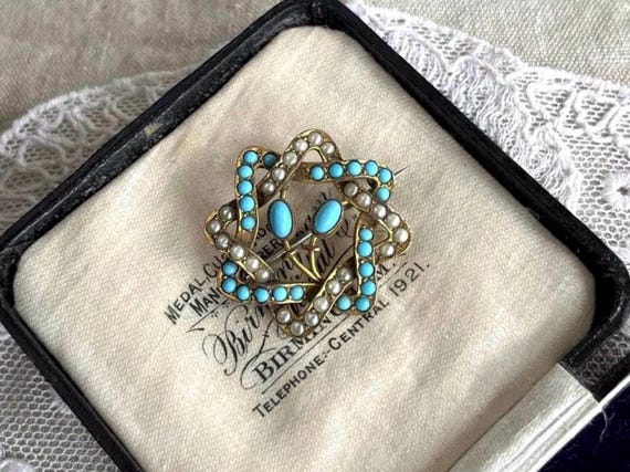 Antique Victorian Aesthetic Sterling Gold Pinchbeck genuine Seed Pearl and Turquoise accented hallmarked C Clasp Heirloom Brooch
