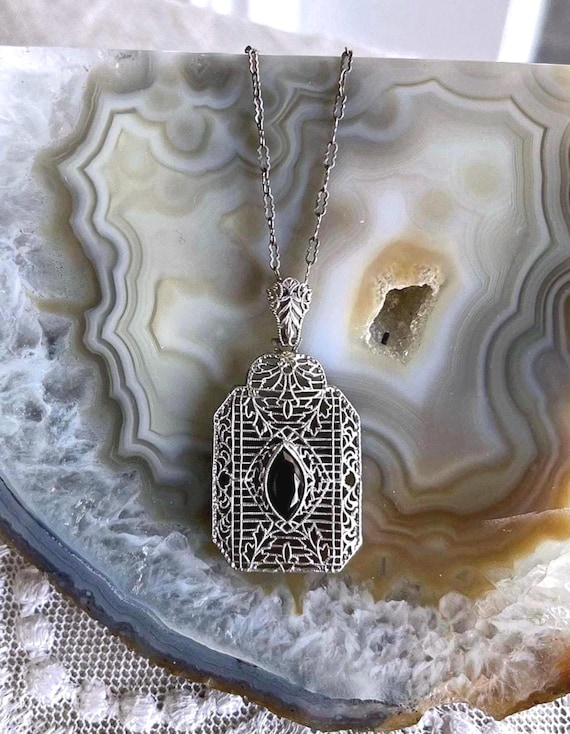 Antique Edwardian Sterling Silver Filigree Amethyst Paste Stone Pendant Necklace