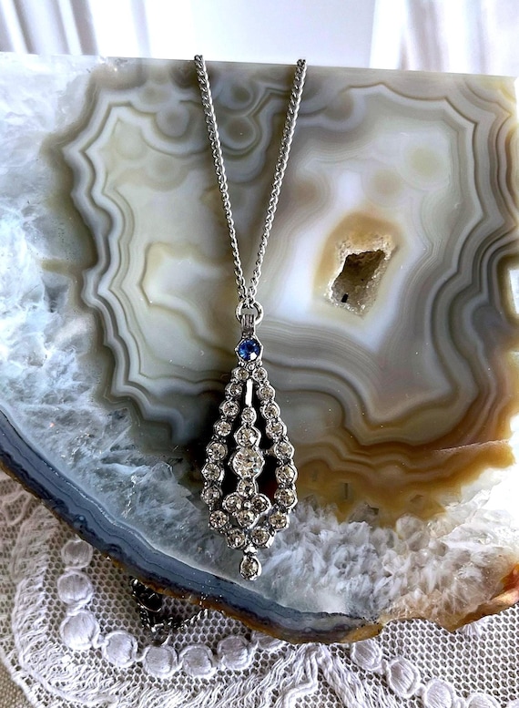 Edwardian Sterling Silver Paste Stone Pendant Necklace - 1910s