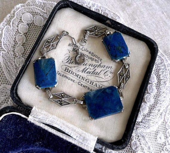 Antique Art Deco Sterling Silver genuine Lapis Lazuli Marcasite accented hallmarked Link Bracelet