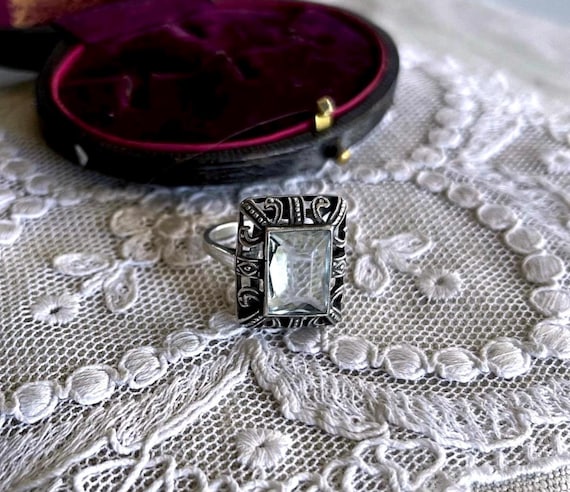 Old World Charm 1930s Art Deco Germany 835 Silver brilliant faceted Aquamarine Blue Paste Stone accented  Stamped size 6 Cocktail Ring