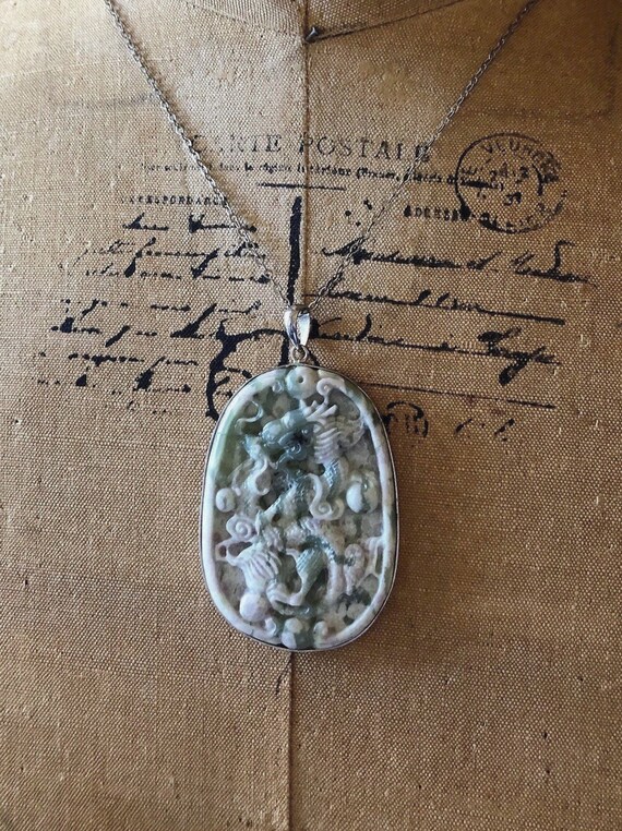 Rare vintage Bohemian Chinese Export Revival Sterling Silver intricately carved Nephrite Jade exquisite stamped Pendant Necklace