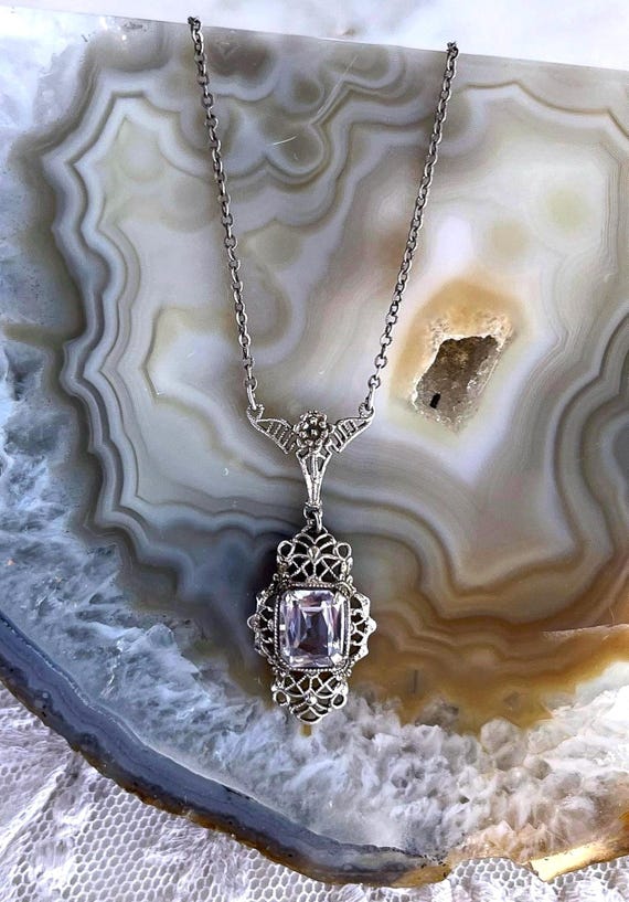 Edwardian Alexandrite Paste Stone Pendant Necklace: Sterling Silver Filigree