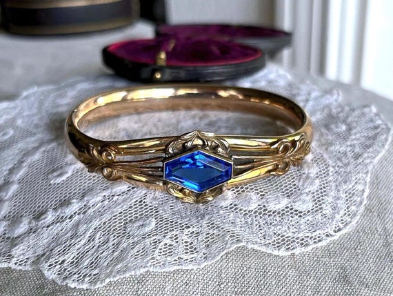 Antique Victorian Gold Filled Bangle Bracelet: Sapphire Blue Paste Stone hallmarked Bangle Bracelet