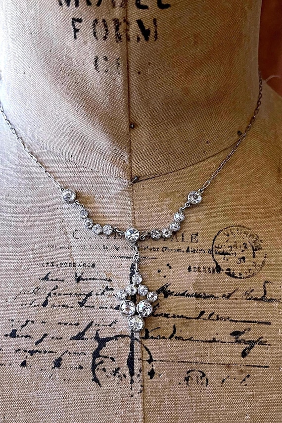 Dazzling vintage 1930s Art Deco Sterling Silver brilliant faceted Paste Stone accented hallmarked Collet Lavaliere Necklace