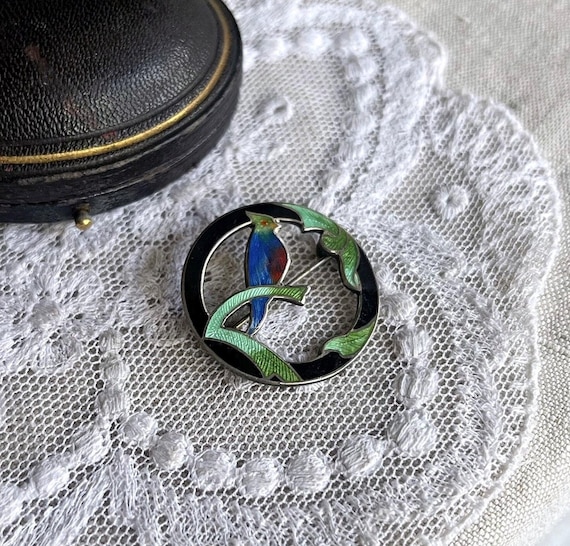 Antique Victorian/Arts and Crafts Sterling Silver decorative Enameled Bird circular signed brooch