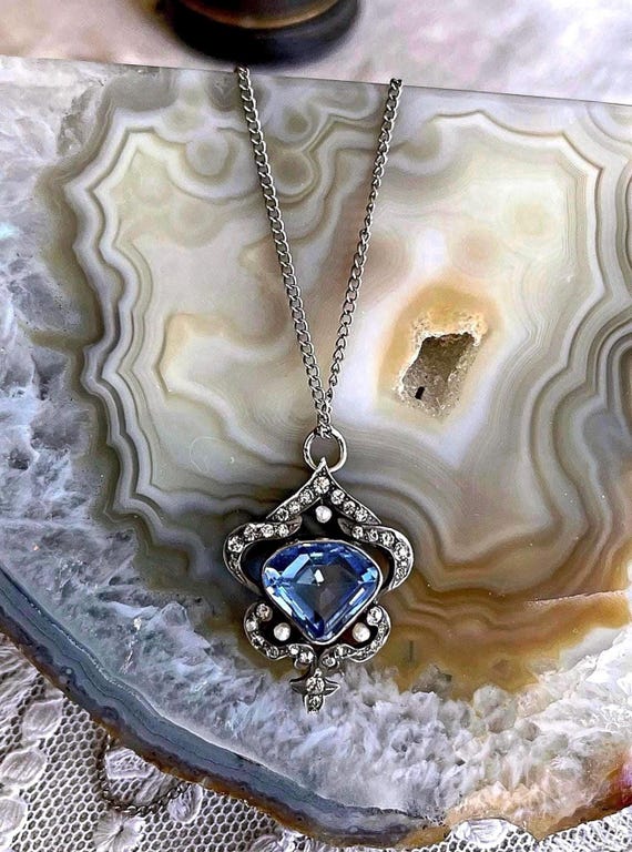 Fine Belle Époque Edwardian antique Sterling Silver dazzling Sapphire Blue and White Paste Stone accented lovely hallmarked Pendant Necklace