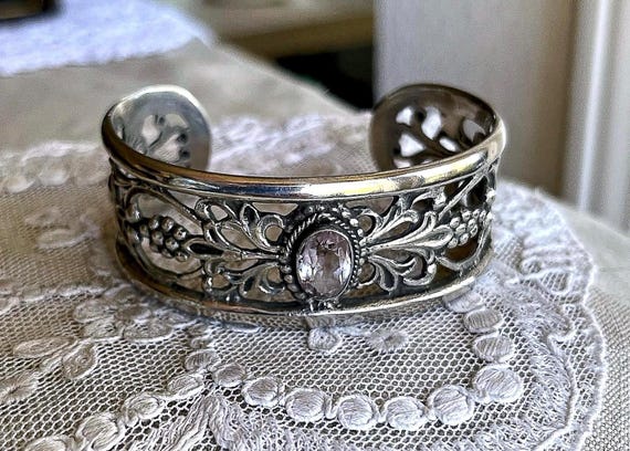 Antique Italy Fatelli Peruzzi Bohemian Revival Arts and Crafts Sterling Silver genuine faceted Amethyst hallmarked designer Cuff Bracelet
