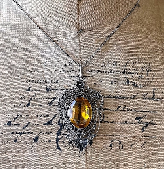 Gorgeous antique Bohemian Revival Arts and Crafts Jugendstil Sterling Silver Cannetille filigree faceted Topaz Yellow Paste Stone Pendant