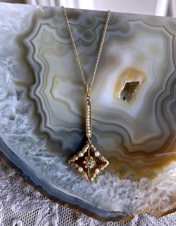 Victorian 10K Gold Filigree Lavaliere Necklace: Seed Pearl & Paste Stone