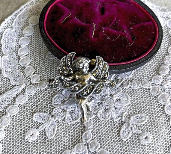 Adorable vintage Judith Jack Art Deco Revival Sterling Silver Marcasite accented hallmarked Designer Cherub Brooch