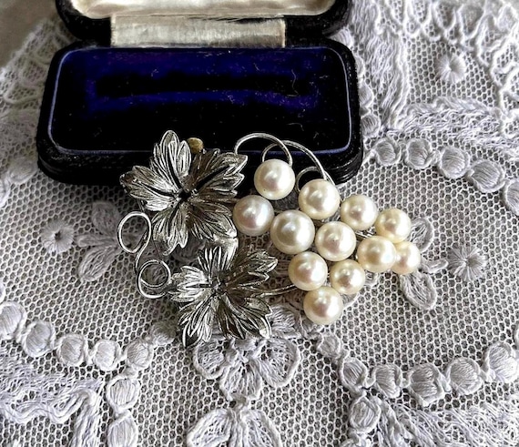 Vintage 1940s Sterling Silver Floral Brooch: Cultured Pearl Accent