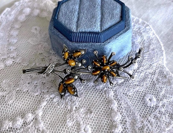Antique Arts and Crafts Sterling Silver Tigers Eye Seed Pearl Floral Brooch