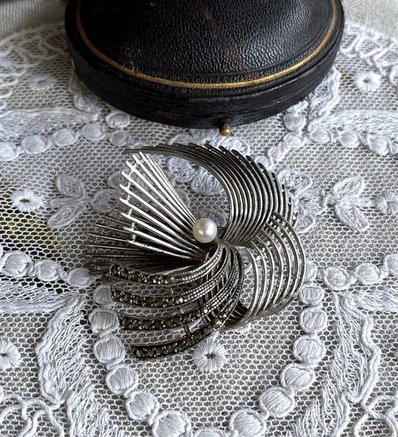 Romantic vintage Mid Century Art Deco Revival Sterling Silver genuine Cultured Pearl faceted Marcasite accented Star Burst Statement Brooch