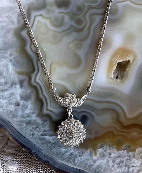 Sparkling antique 1920s Art Deco solid sterling silver brilliant Paste Stone accented hallmarked Lavaliere Necklace