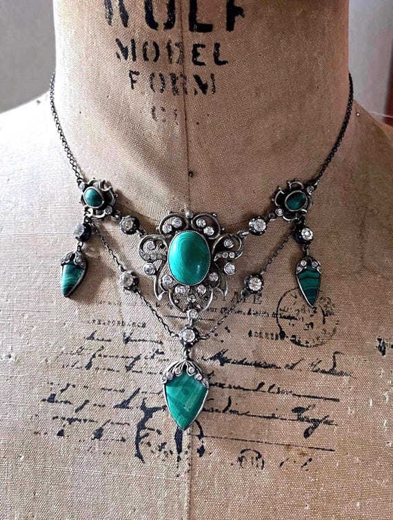 Luxurious antique Arts and Crafts 935 Silver genuine Malachite closed back Paste Stone accented exquisite hallmarked Festoon Necklace