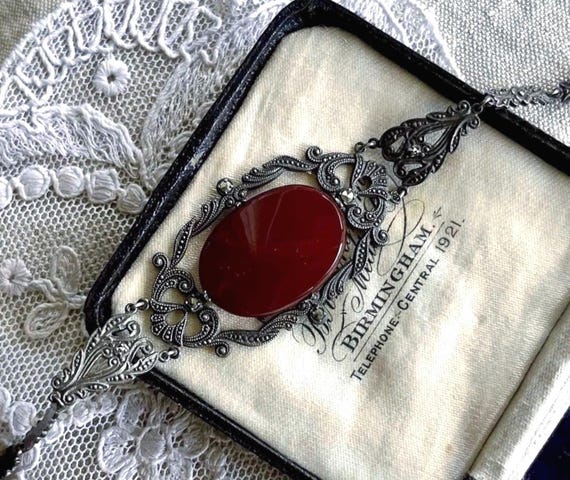 Luminous antique Edwardian 1910s-1920s Sterling Silver Carnelian Chalcedony faceted Marcasite accented exquisite stamped Bracelet