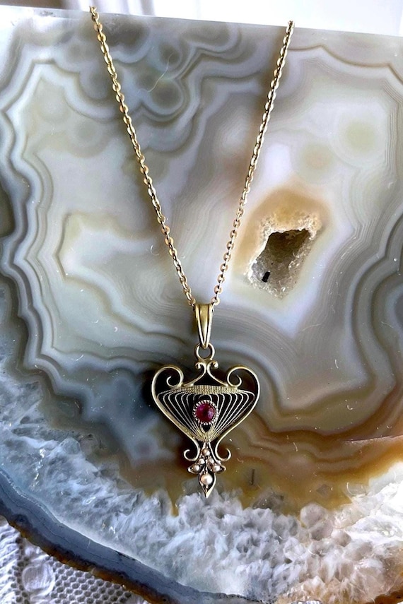 Fine Victorian Aesthetic 10K Gold Filigree faceted genuine Ruby and Seed Pearl accented beautiful hallmarked Pendant Necklace