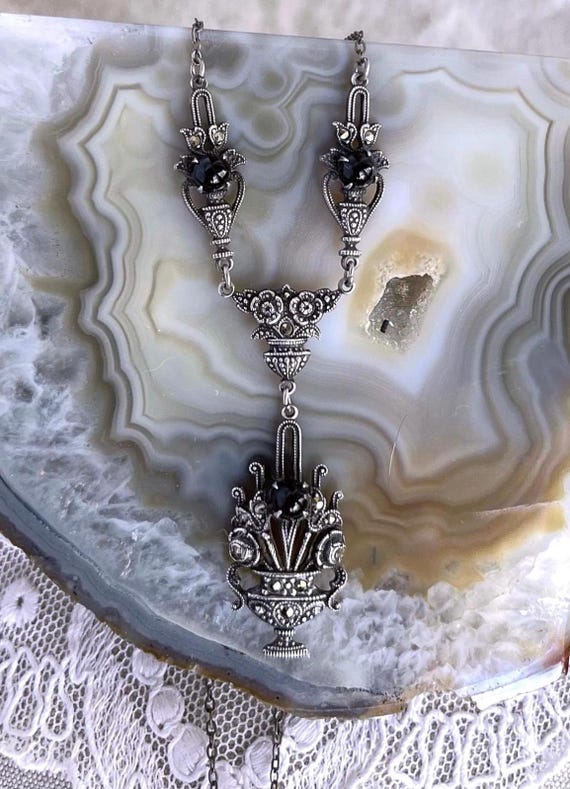 1930s Art Deco Sterling Silver Onyx cabochon faceted Marcasite accented Flower Basket Lavaliere Necklace