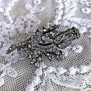 Victorian antique Sterling Silver Rose Brooch, Paste Stone Floral Pin