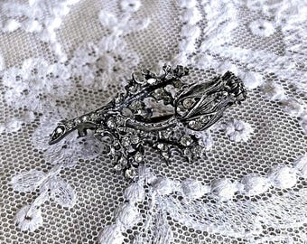 Victorian antique Sterling Silver Rose Brooch, Paste Stone Floral Pin