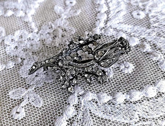 Victorian antique Sterling Silver Rose Brooch, Paste Stone Floral Pin