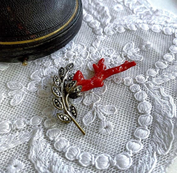 Unique antique Victorian Aesthetic Pinchbeck faux Coral Branch faceted Marcasite crystal accented lovely C Clasp Statement Brooch